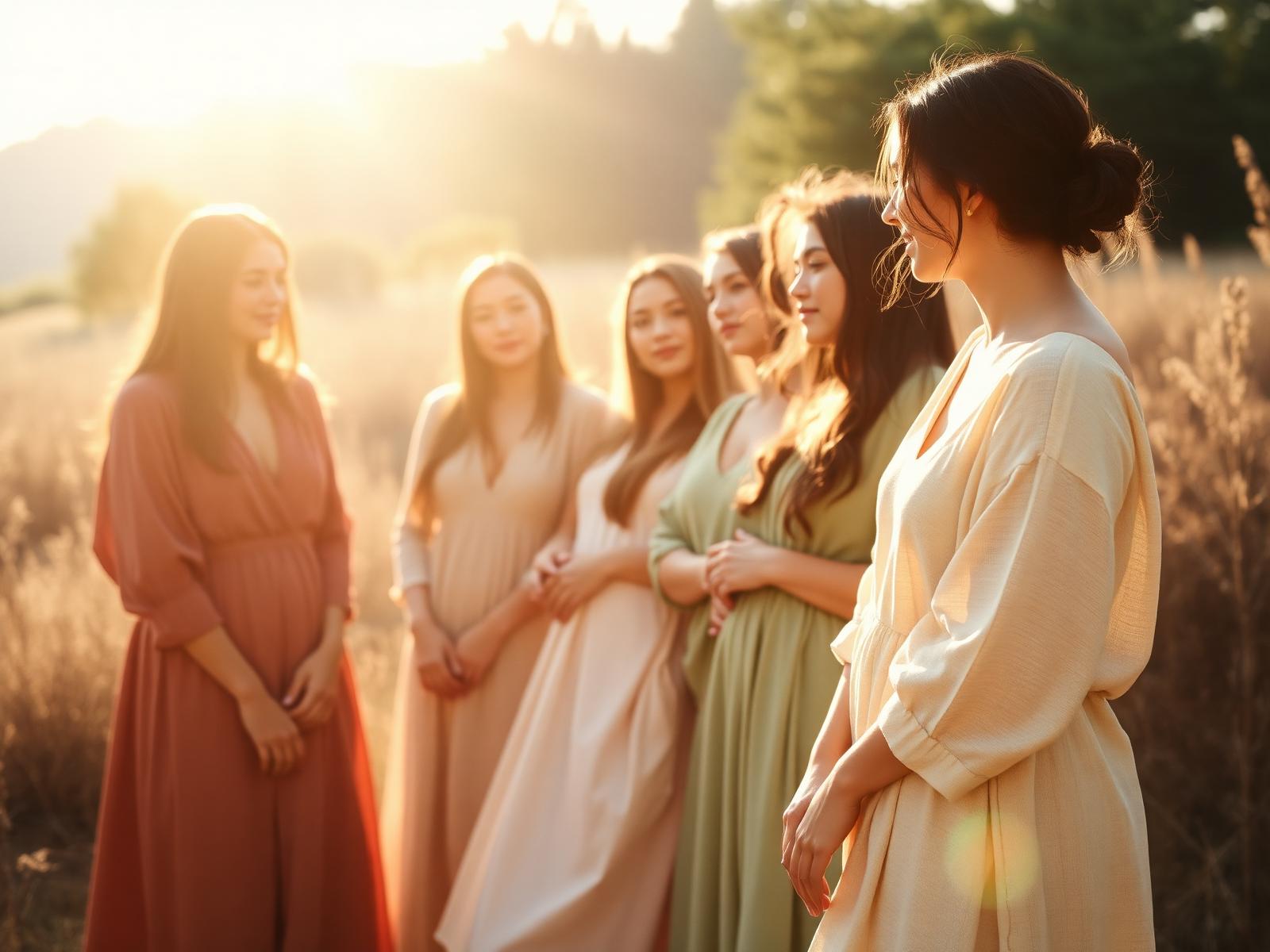 Women gathered in warm golden light in a natural landscape